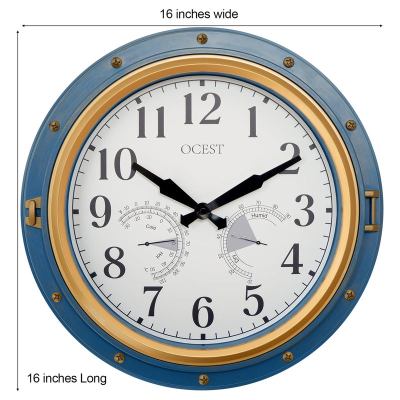 OCEST 16 Inch Indoor Outdoor Clock, Waterproof Wall Clock with Thermometer Hygrometer, Silent Non-Ticking Battery Operated Decor for Home Decor, Patio(Blue) Navy Blue