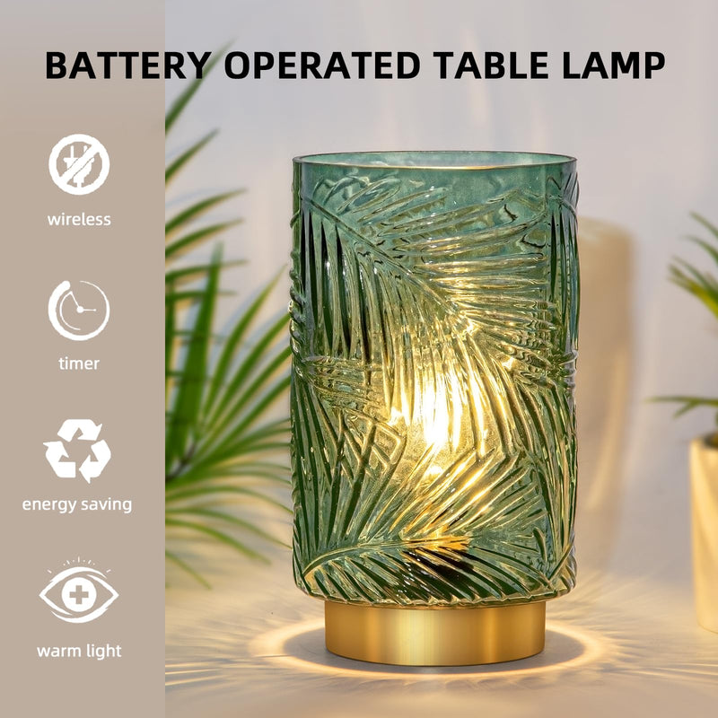 Battery Operated Table Cordless Lamps for Home Decor, Nightlight with LED Bulb with Timer, Decorative Lights for Living Room Bedroom Tabletop Entryway Centerpiece Gift(L Green) Big with Timer