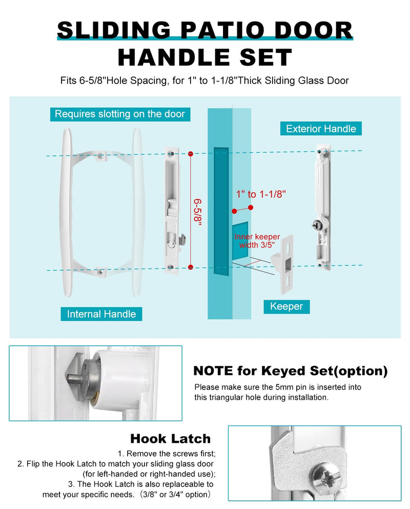 Sliding Patio Door Handle Set, Non-Keyed White Diecast Replacement Handle, Fits 1" to 1-1/8" Thick Sliding Glass Doors, 6-5/8" Hole Spacing, Non-Handed Reversible Design 6-5/8" H.C Non Keyed