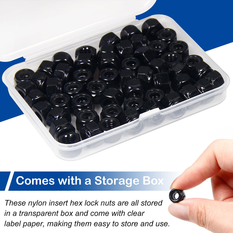 1/4"-20 Black Nylon Lock Nuts, 54Pcs Nylon Insert Locknuts, 304 Stainless Steel 18-8 Nylock Nuts, Black Oxide, Coarse Thread, Hex Drive, Bright Finish, for Furniture, Tools, Handle, Repairing Jobs 1/4-20