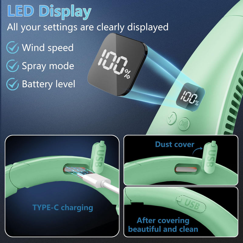 Personal Fan Neck Fan Mister-Fold away Wearable around the Neck Fan, Cordless Bladeless Personal Cooling Device,Neck Coolers for Women Men Kids Dad Mom Extremely Hot Weather Indoor Outdoor Green