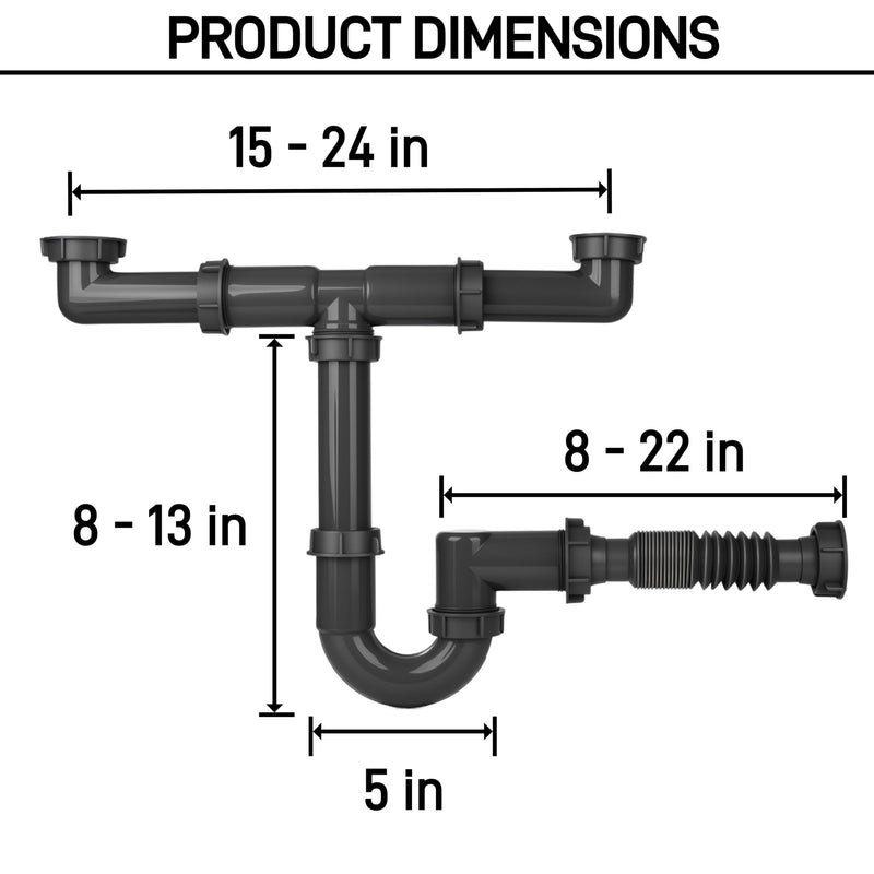 1-1/2 Inch Double Bowl Kitchen Sink Drain Kit - Universal Flexible P-Trap Pipe with Expandable Tailpiece (Wall & Floor Drain Compatible), Complete Plumbing Replacement Kit for 15"-24" Spacing