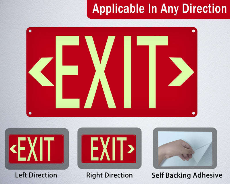 (2 Pack) Photoluminescent Exit Sign Red - with Removable Directional Arrows, With strong self adhesive tape, 14.25 x 7.5 Inches Heavy Duty Aluminum Signs, Fade Resistant 2pack