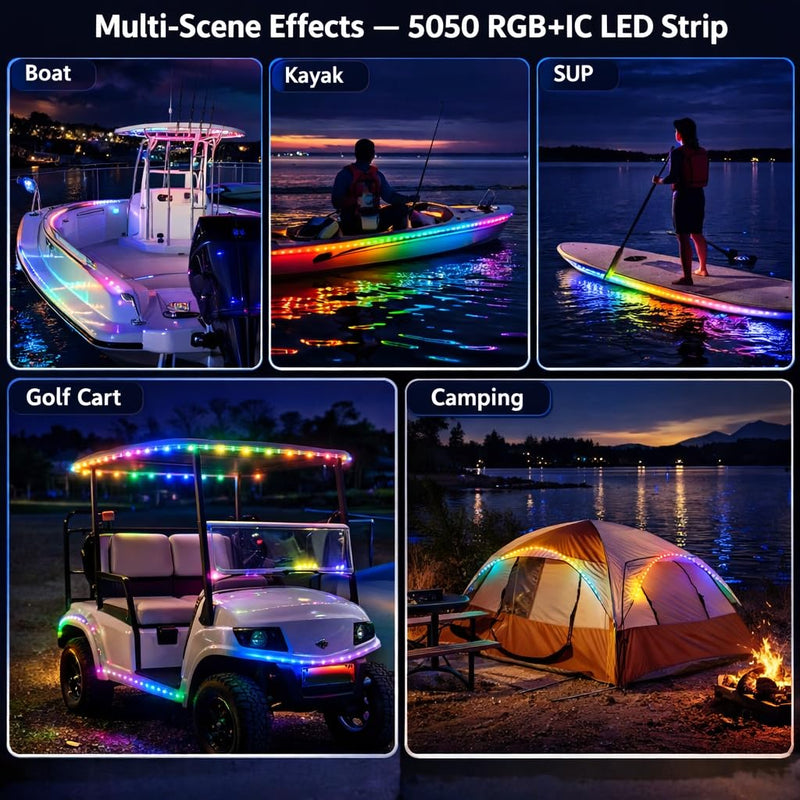 Pontoon Boat Lights Battery Operated RGB+IC Dream Color Marine LED Strip for Duck Bass Kayak , Wireless Waterproof Boat Lights Strip for Deck Interior Courtesy Lights, Night Fishing Light, 16.4FT