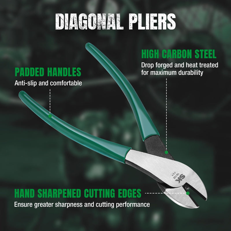 SK Tools USA Heavy Duty Diagonal Cutting Pliers, 8" Long | 16108 Standard Diagonal Pliers