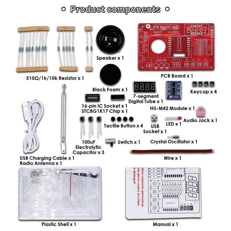 DIY FM Radio Soldering Practice Kit, 87-108MHz with 2 Power Modes (USB/Battery) & Acrylic Case, STEM Project for Beginners & School Education, Complete Kit with PCB, Components, Speaker