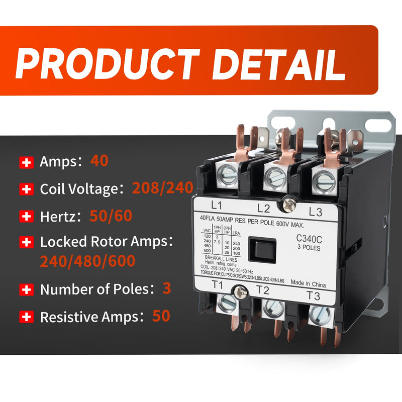 Upgraded 3 Pole 40 Amp Contactor 240V Coil C340C Contactor Compatible with Packard GE Fasco Gemline, C340C 3 Pole 40 Amp 208/240 Volt Contactor Replace TMX340C2 3m40c 453AD3BBB GDP4032