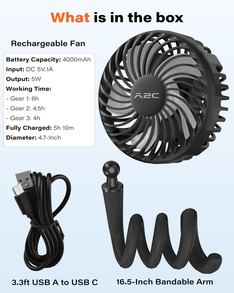 A2C 4.7-Inch Big Cooling Fan for Peloton Bike Bike+ or Tread, 16.5" Long Bendable Arm, Rechargeable 4000mAh Battery, 360° Rotation, 3 Speeds, fits Treadmill Exercise Workout Stationary Cycling Bikes Black