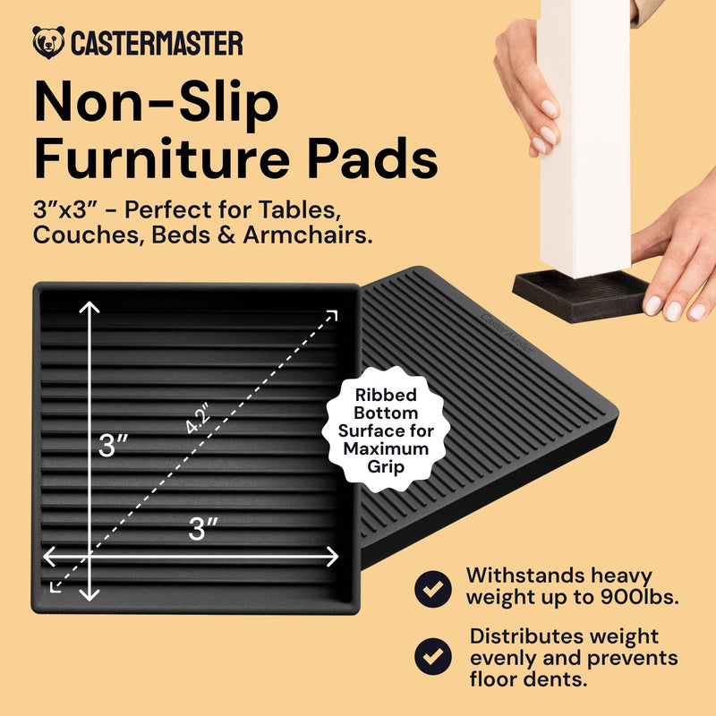 CasterMaster Square Non-Slip Furniture Pads - 3 in x 3 in, Pack of 8, Black - Stoppers to Prevent Sliding - Floor Protectors for Furniture - Noise Reduction & Caster Cups for Vinyl Floors 3'' x 3'' (Pack of 8)