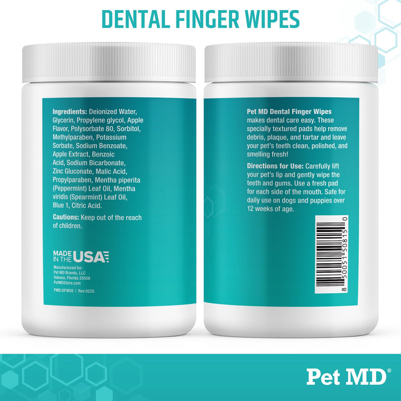 Pet MD Pet Dental Finger Wipes for Dogs - Plaque and Tartar Remover for Dogs to Improve Oral Care - Pet Teeth Cleaning Finger Wipes for Healthy Gums and Fresh Breath - Fresh Apple & Mint, 50ct
