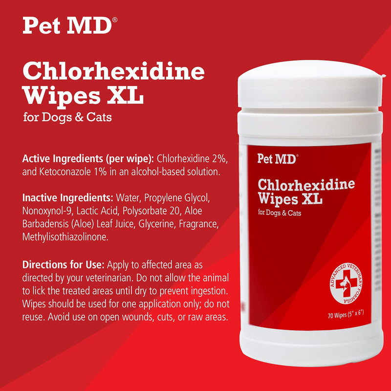 Pet MD Chlorhexidine Wipes XL with Aloe for Dogs and Cats - Medicated Wipes for Skin Infections, Hotspots, Acne, & Other Skin Conditions - 70 XL Wipes - PawsPlanet Australia
