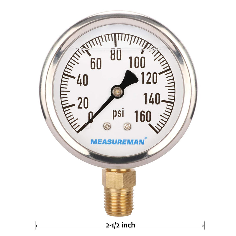 MEASUREMAN 2-1/2" Dial Size, Glycerin Filled Plumbing Pressure Gauge, 0-160psi, Stainless Steel Case, 1/4" NPT Lower Mount 0-160 psi