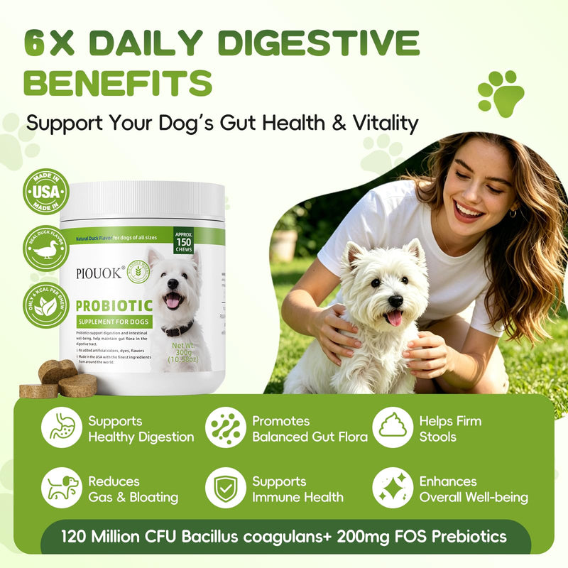 Probiotics for Dogs - 150 Soft Chew, Dog Probiotics for Digestive Health and Diarrhea, Allergies & Immune Support Dog Probiotic Supplement, Daily Probiotics for All Dogs, Natural Duck Flavor 150ct