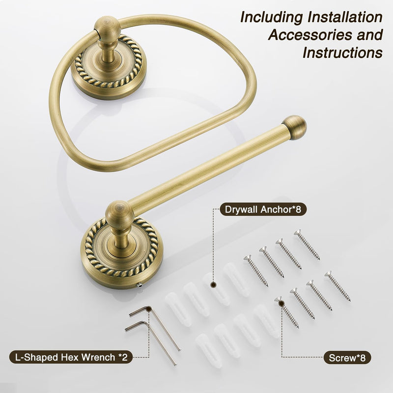 Antique Brass Toilet Paper Holder Towel Ring, Brass Hand Towel Holder Bathroom Accessories Vintage Bathroom Hardware Set Countertop Wall Mount, Rope Carving Base Design 2 Pieces Vintage Brass-toilet Paper Holder Towel Ring