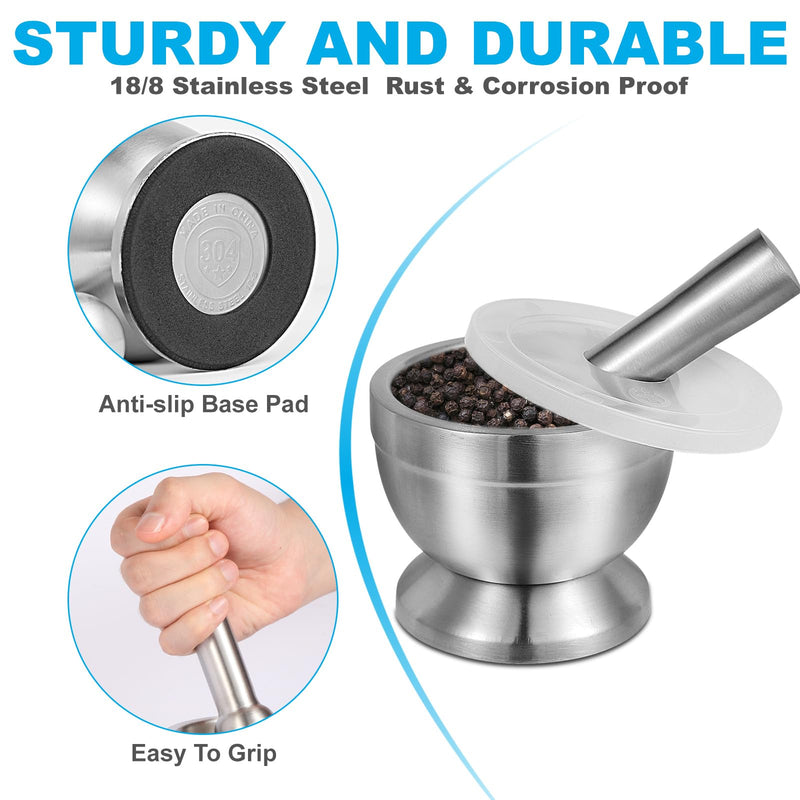 18/8 (304) Stainless Steel Mortar and Pestle Set,Mortar and Pestle with Non-Slip Base for Spice Grinder, Herb Crusher, Pill Crusher, Pesto Maker for Kitchen, Easy to Clean