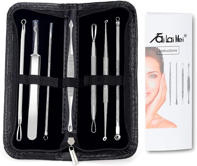 TailaiMei 7 Piece Pore Blackhead Removal Kit - 7 Pieces Metal Case and Risk Free Nose Face Skin Removal Wound Whitehead Popping Acne Treatment Acne Extraction Tool Set - NewNest Australia