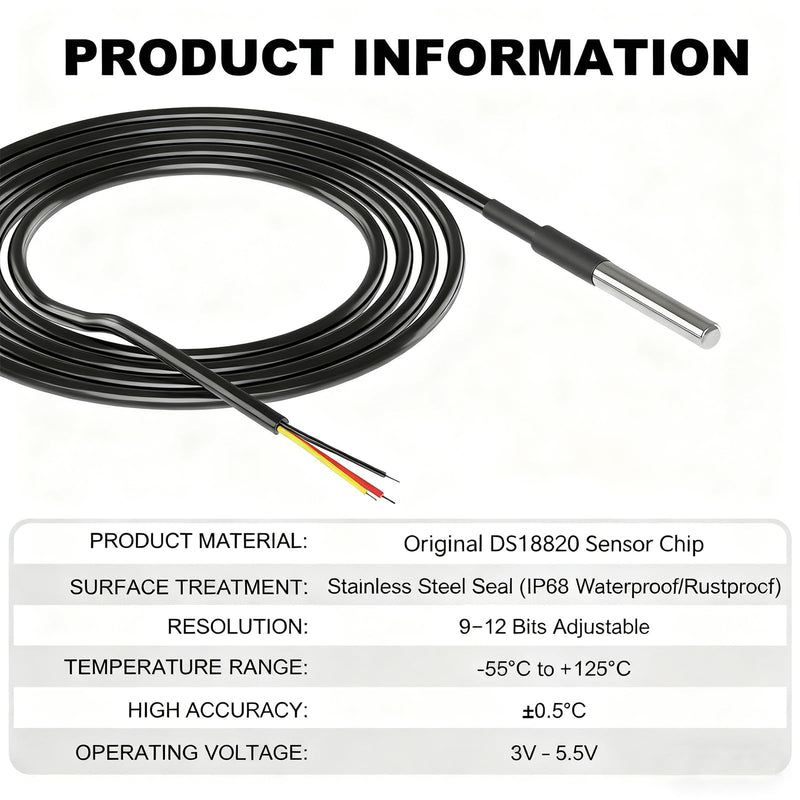 5 Pieces of DS18B20 Temperature Sensor Temperature Probes in Stainless Steel Packaging, Waterproof, 1M.