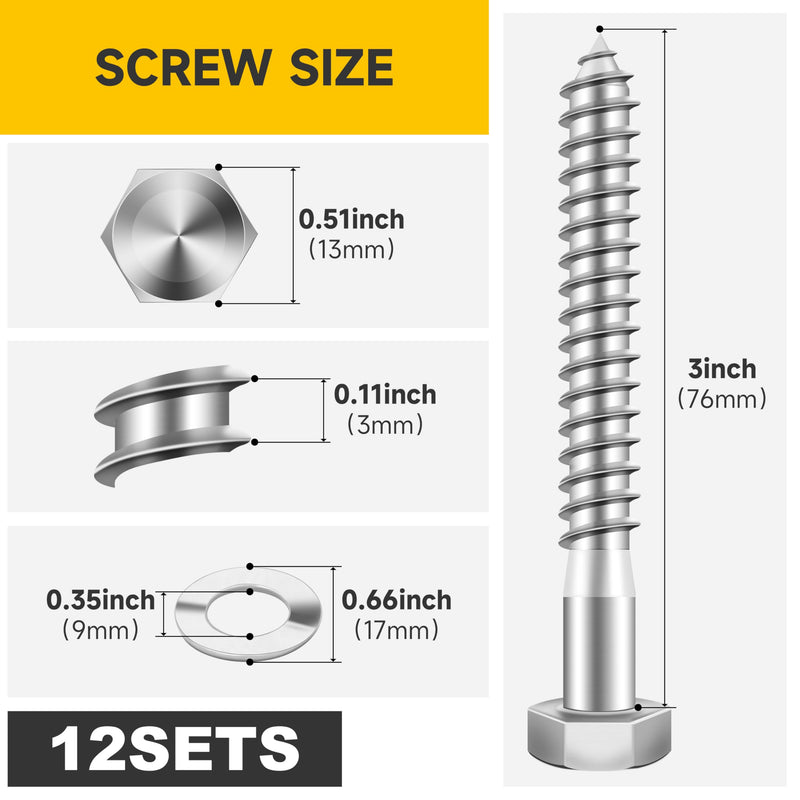 (12Sets) 5/16" x 3" Hex Head Lag Bolts, Heavy Duty Lag Screws with Washers, 304 Stainless Steel Bolts 18-8, Lag Screws Wood Screws, Partial Thread Bright Finish, 5/16 Bolt by Mywish 5/16 x 3" 12