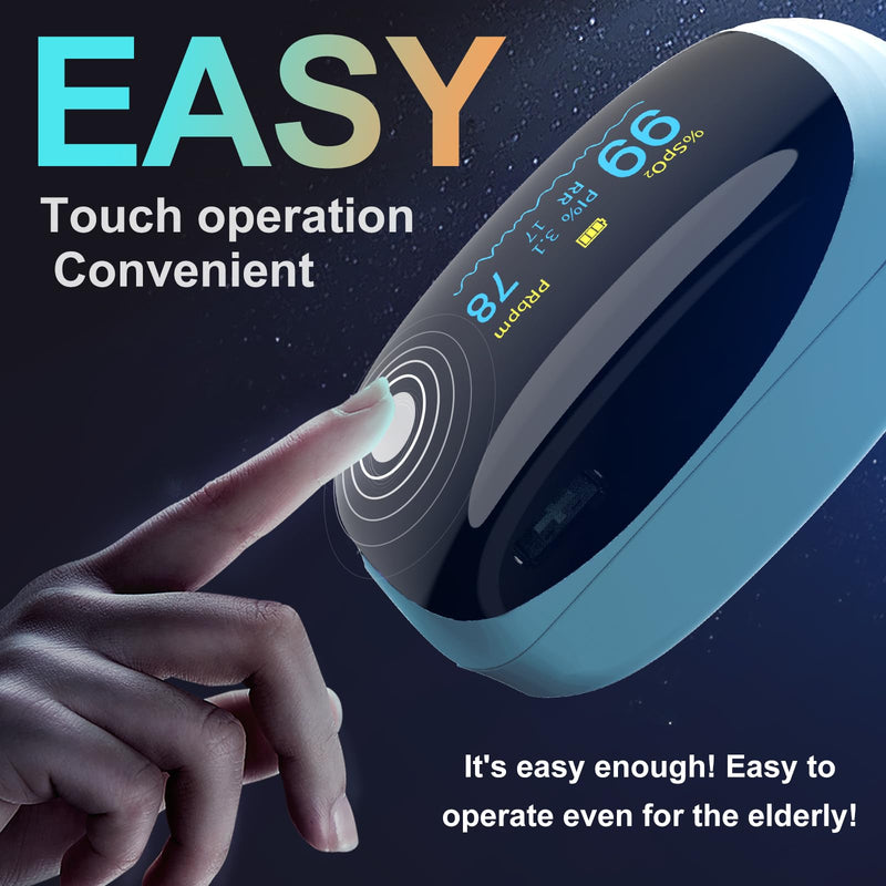 Fingertip Pulse Oximeter, Ox with Respiration Rate Monitoring, Heart Rate, PI & RR Measurements, Fast Spo2 Reading Rechargeable Blood Oxygen Monitor with OLED Display, 6 View Modes & 4-Direction Rotation(Blue）