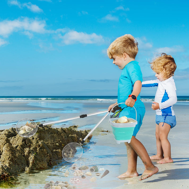 Shark Tooth Sifter, Beach Sand Sifter, Sea Shell Scooper for Beach, Shell Bags&Foldable Bucket, Sand Beach Toys for Kids 6 8 10 12, Medium, Blue