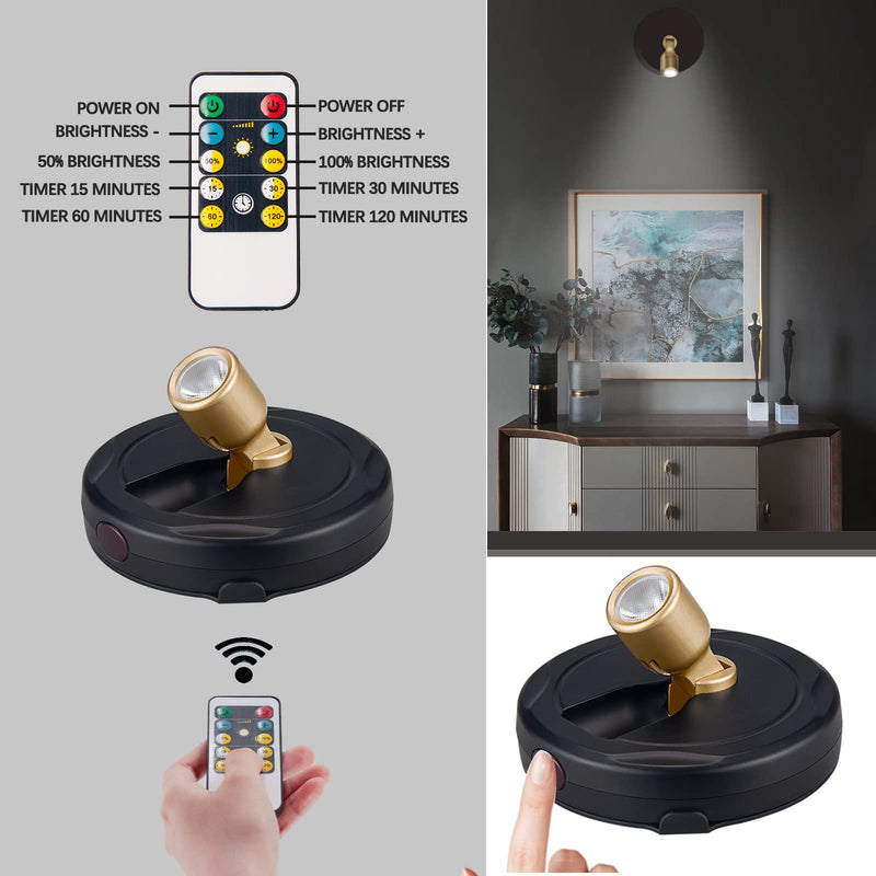 Battery Powered LED Spotlight, Picture Light, Indoor Uplighting, Puck Lights with Remote, Picture Frame Lights, Art Display Lights for Paintings Dartboard Portrait Artwork-Black Black-G 2 Pack