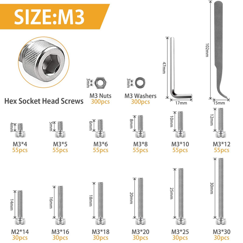 VIGRUE 1110PCS M3 Hex Socket Head Cap Screws Nuts Kit, M3 x 4/5/6/8/10/12/14/16/18/20/25/30mm Stainless Steel Screws Assortment Set w/Allen Wrench and Tip Curved Tweezer M3 socket cap