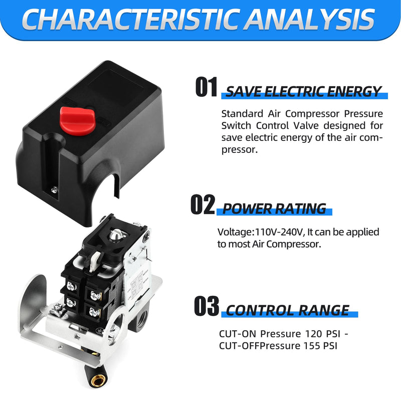 MEANLIN MEASURE Air Compressor Pressure Switch Control Valve 120-155 PSI 110V-240V 4-way Lateral Port Replacement Parts With 0-200 Psi Pressure gauge and Safety Pressure Relief Valve Basic Model