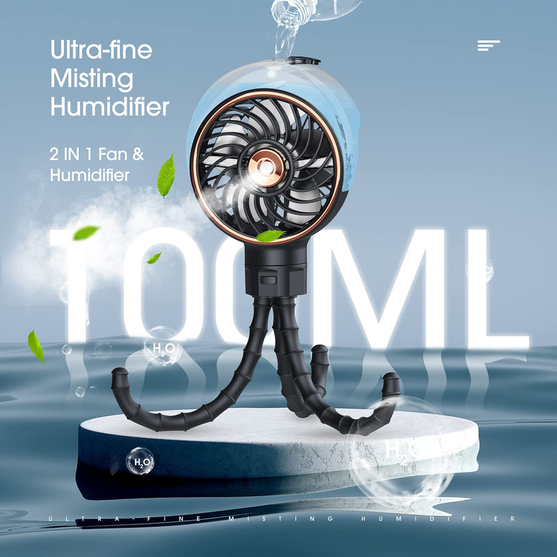 Ausic Stroller Fan with Mist, 100ml Misting Portable Fan for Stroller, Safe Baby Fans with Detachable Tripod, Baby Essentials, Clip on Fans for Crib, Treadmill, Car Seat, Outdoor, Beach, Golf Cart Misting Black