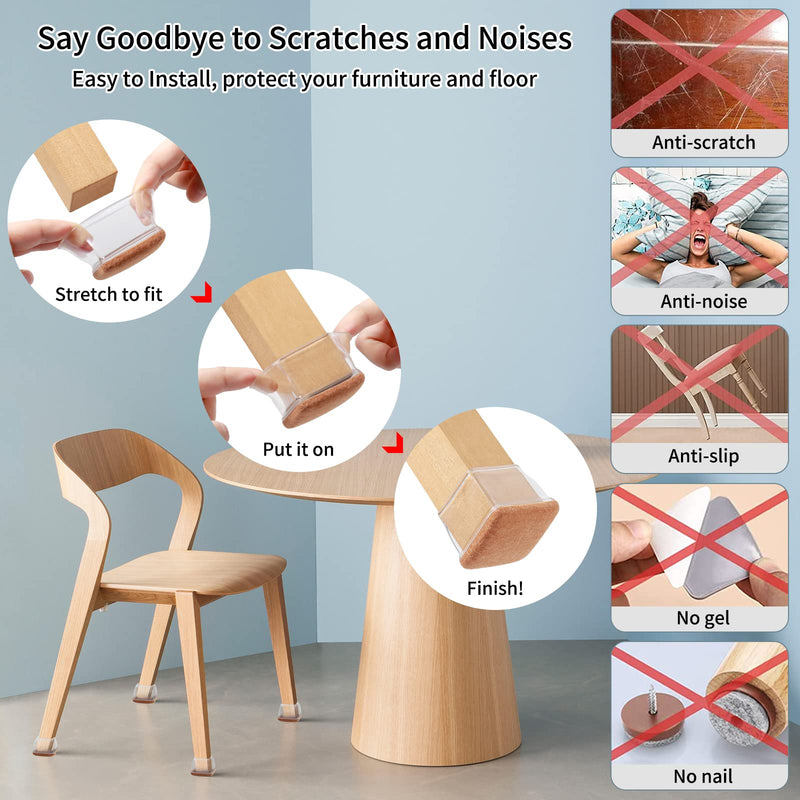 Ezprotekt 24 Pcs XL Square Clear Chair Leg Floor Protectors, Silicone Felt Furniture Pads Caps for Hardwood Floor, Dining Table Bar Stool Leg Protectors Leg Cups Covers (XL Fit: 1.5"-2") Clear-24pcs XL-Square
