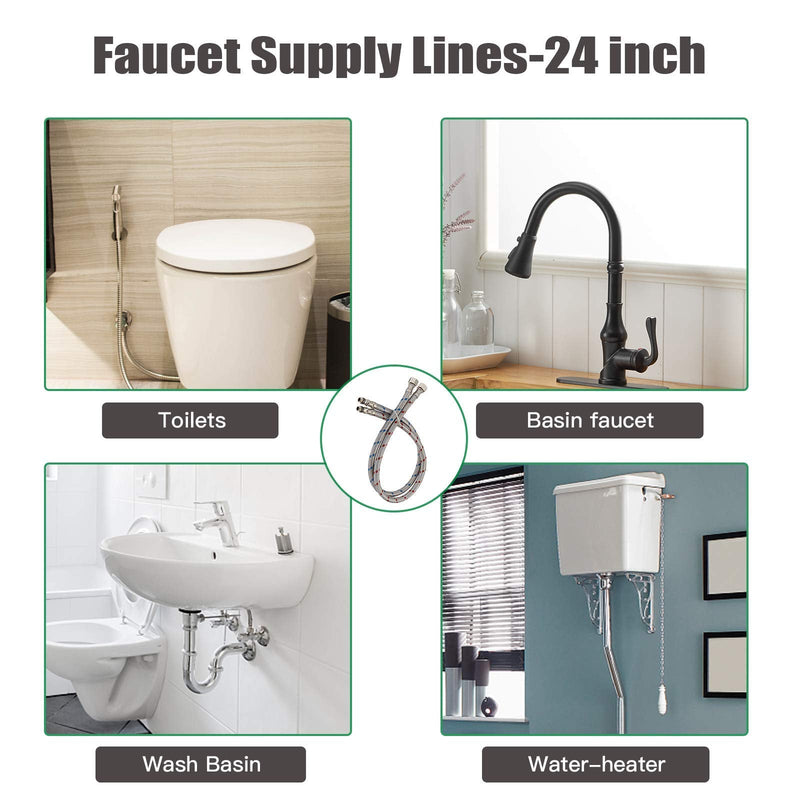 24 Inch Long Faucet Connector, 2Pcs Faucet Supply Lines, Kitchen Sink Toilet Hose Braided Stainless Steel Supply Hose 3/8" Female Compression Thread x M10 Male Connector (1 Pair) 24 Inch