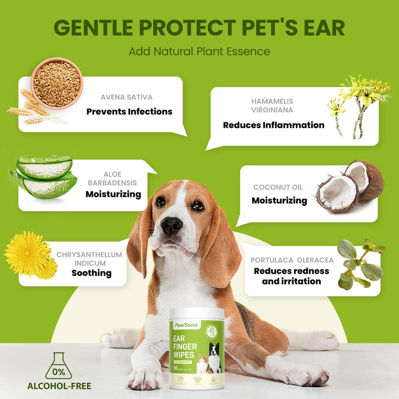 PawSono Ear Finger Wipes Eye Wipes for Dogs & Cats, Thicker Dog Ear Cleaner Wipes, Natural Relief Cat Ear Cleaner Dog, Pet Health Supplies for Dog Kitten Small Animal, Aloe Scent Deodorizing - 100 P 100 Count