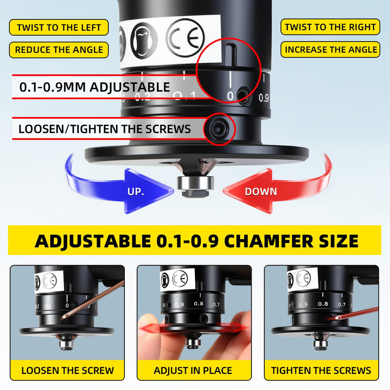 Pneumatic Chamfer Tool - Mini Air Chamfering Machine with 6 C Blades, 6 R Blades & 6 Bearings, 45 Degree Deburring Tool for Metal, Wood, Acrylic - Air Beveling Tool for Precision Work (Yellow) Black