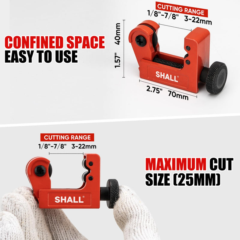 SHALL 4-Piece Tubing Cutter Set, 1/4’’ to 2’’OD Heavy Duty Copper Pipe Cutter, 1/8’’ to 7/8’’ Mini Tube Cutter, Deburring Tool & Inner Outer Pipe Reamer for Copper, Aluminum, Stainless Steel, PVC Pipe