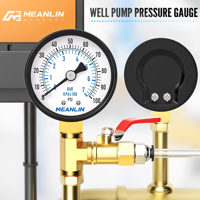 MEANLIN MEASURE 0-100Psi 2" DIAL FACE 1/4" NPT Well Pump Pressure Gauge, with 1/2" NPT and 3/8" NPT Hex Bushing, 3-2-3% Accuracy, Lower Mount (Pack of 2) 0-100Psi/2PCS 1/4"NPT Lower Mount