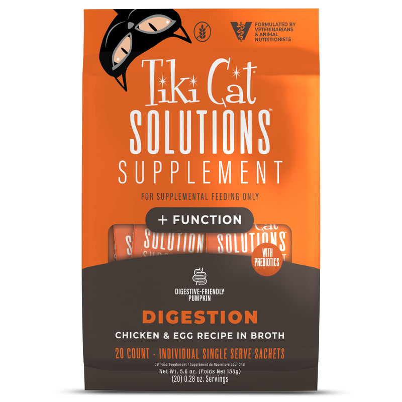 Tiki Cat Solutions Supplements Digestion Mousse, Chicken & Egg in Broth, Formulated to Support Healthy Digestion, Functional Cat Food Supplement, 5.6 oz. Pouch (Pack of 20)