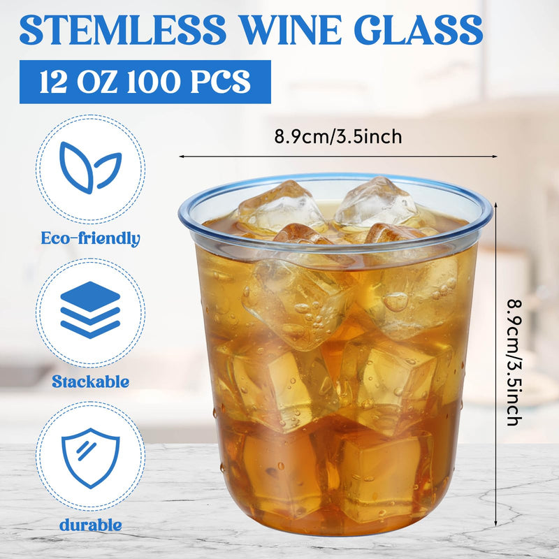 100 Pcs Disposable Stemless Glasses 12oz Crystal Plastic Wine Glasses Clear Classic Pet Cup for Meeting Weddings Birthdays Cocktail Christmas Party Supplies (Light Blue) Light Blue 100