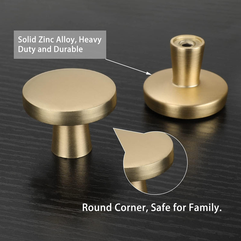 homdiy 10 Pack Gold Cabinet Knobs Round Brushed Brass Kitchen Handles Zinc Alloy Metal Hardware for Dresser Drawer Desk Cupboard Brushed Gold