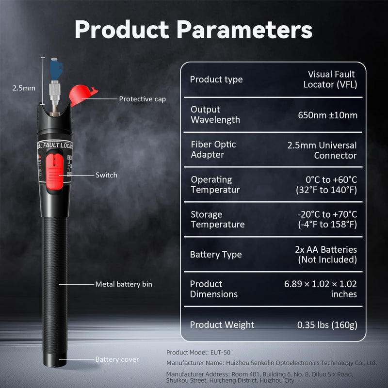 Visual Fault Locator 50KM - VFL Fiber Optic Tester Kit with FC/LC/SC/ST Compatibility - Single Mode 9/125μm for Data Centers & FTTH Network 50 VFL + FC/LC Connector