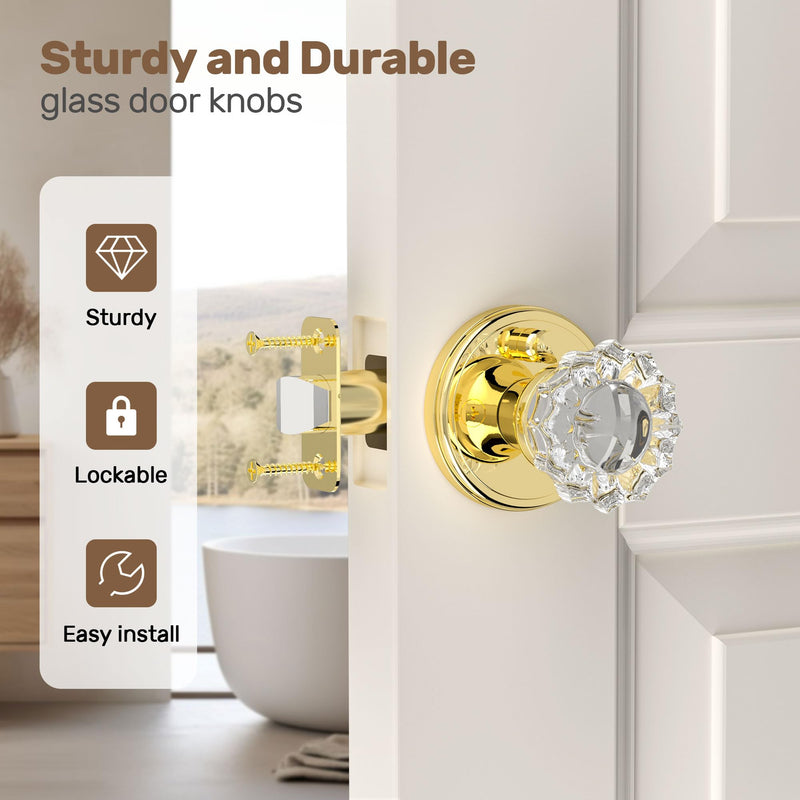 Glass Door Knobs Interior, Privacy Crystal Door Knobs with Lock for Bedroom Bathroom, Push Pin Button Inside Lock Polished Gold Privacy 1Pack