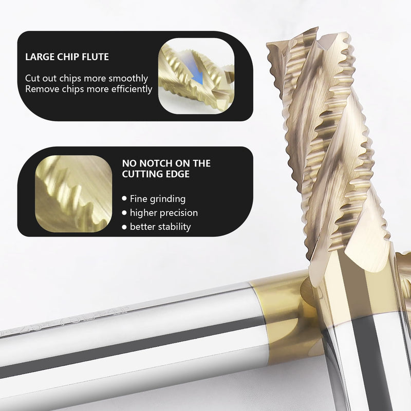 3/8" Roughing End Mill 4 Flute Tungsten Carbide Milling Cutter Bits | ZrN Coating, for Alloy Steels, Hardened Steels 1 3/8 in