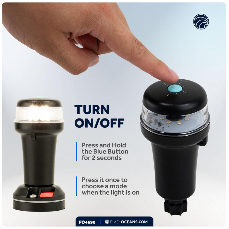 Five Oceans Portable Anchor Light - Stern Lights for Boats, LED Anchor Light and Signal Flashlight Function, 2-Option Base Installation for Inflatable Boat, Small Tender, Canoe, Kayak - FO4690