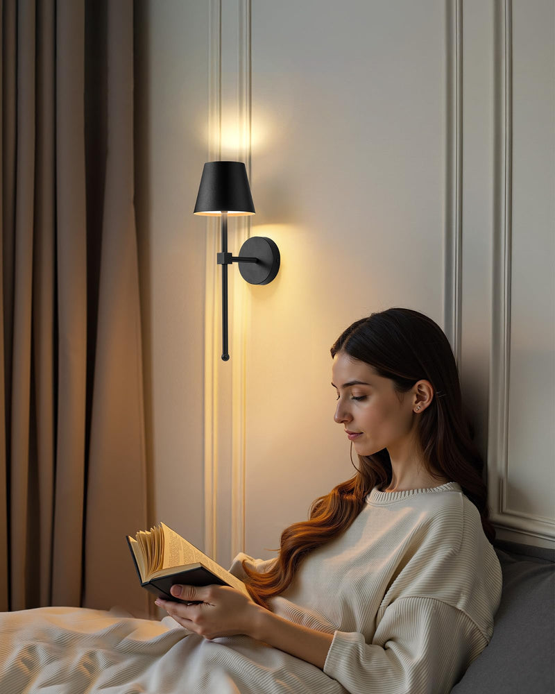 KDG Wireless Wall Sconces Set of 2, Small Cordless 5200mAh Rechargeable Battery LED Wall Lamps, Stepless Dimming Lightings for Wall Painting, Living Room, Bedroom, Hallway, Gifts, Night Light (Black) Black (2 Pack)