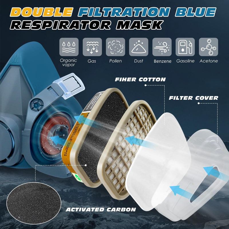 Reusable 2 Sets Blue Half Face Cover for Chemical, Epoxy Resin, Spray Painting, Sanding, Woodworking, Welding Work Blue-without Goggle