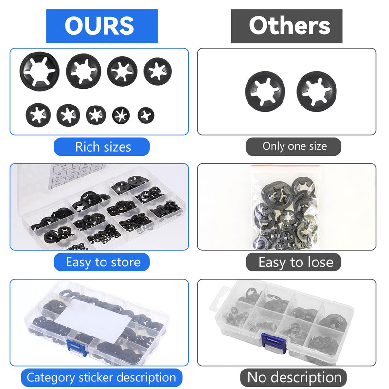 265PCS 9 Sizes Internal Tooth Star Lock Washers, Large Quick Speed Push On Lock Washers, Black Hardware Nuts Kit, Push Nuts Assortment