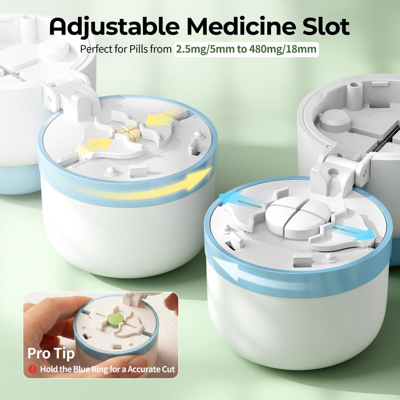 Daviky Pill Cutter Splitter for Small and Tiny Pills, Dual Safety Blades, Adjustable Pill Cutters for Small or Large Pills, Precise 1/4, 1/2 Tablet Cutter, Built-in Storage, Portable & Senior-Friendly