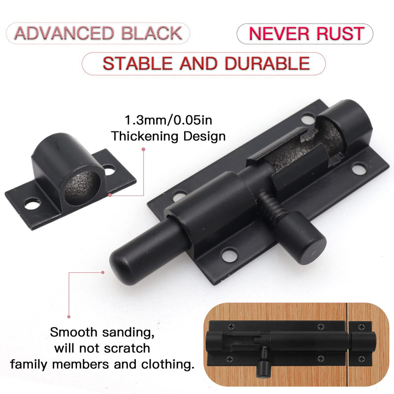 2 Inch Black Slide Barrel Bolt Latch, Aluminum Alloy Slide Door Latch Lock, Heavy Duty Gate Sliding Bolt Latch Lock for Home Yard Garden Door Security, with Screws, 4pcs 4pcs black 2inch