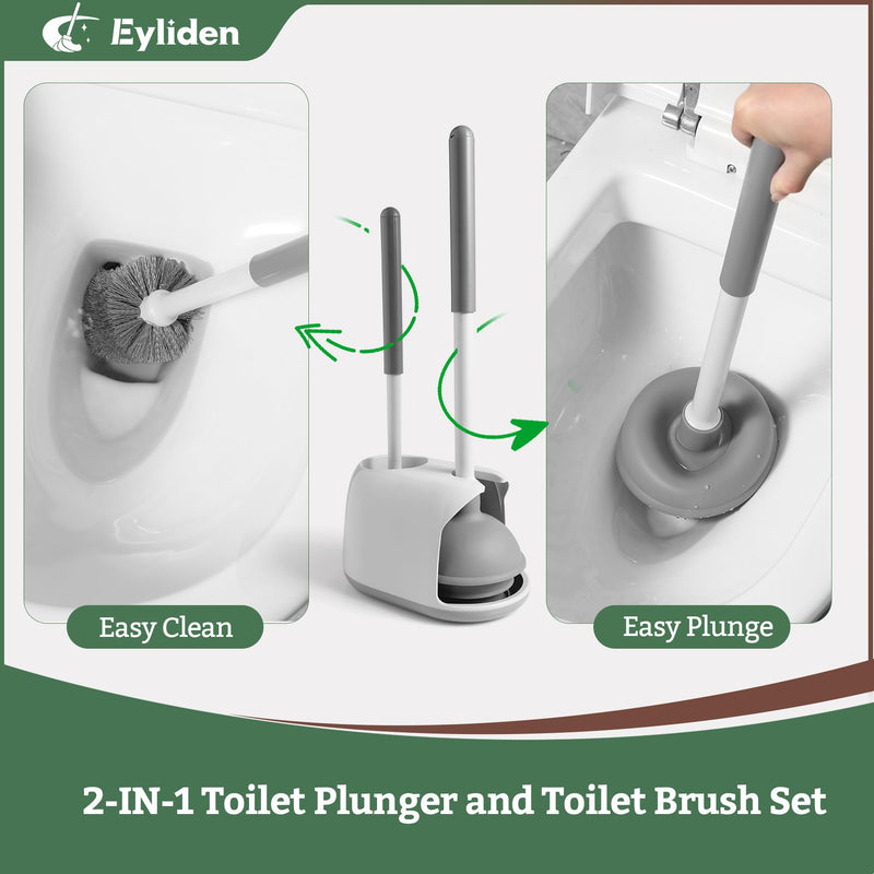 Eyliden Toilet Plunger and Brush Set, Upgrade 3-Step Suction Cup Toilet Plunger and Bowl Brush Set with Holder, Toilet Plunger Brushes Combo with Caddy (1 Pack, White & Grey) 1 Pack