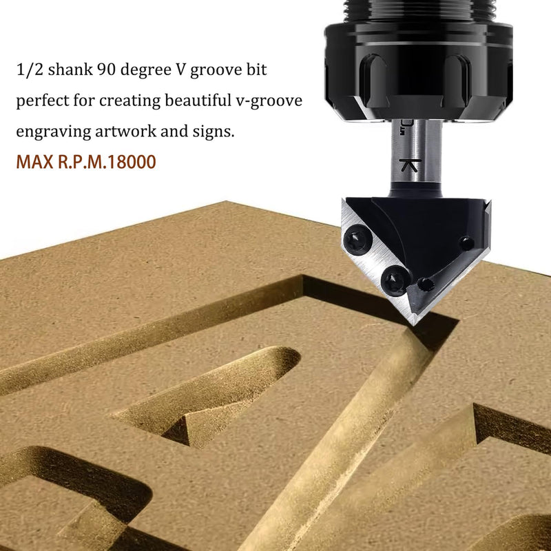 Insert Carbide V-Groove 90-Degree Router Bit 1/2 Inch Shank, Replacement Blade V Grooving CNC Router Bits, for Wood 2D/3D Signmaking, Lettering & Engraving, by SICWOOD 90° 1/2shank