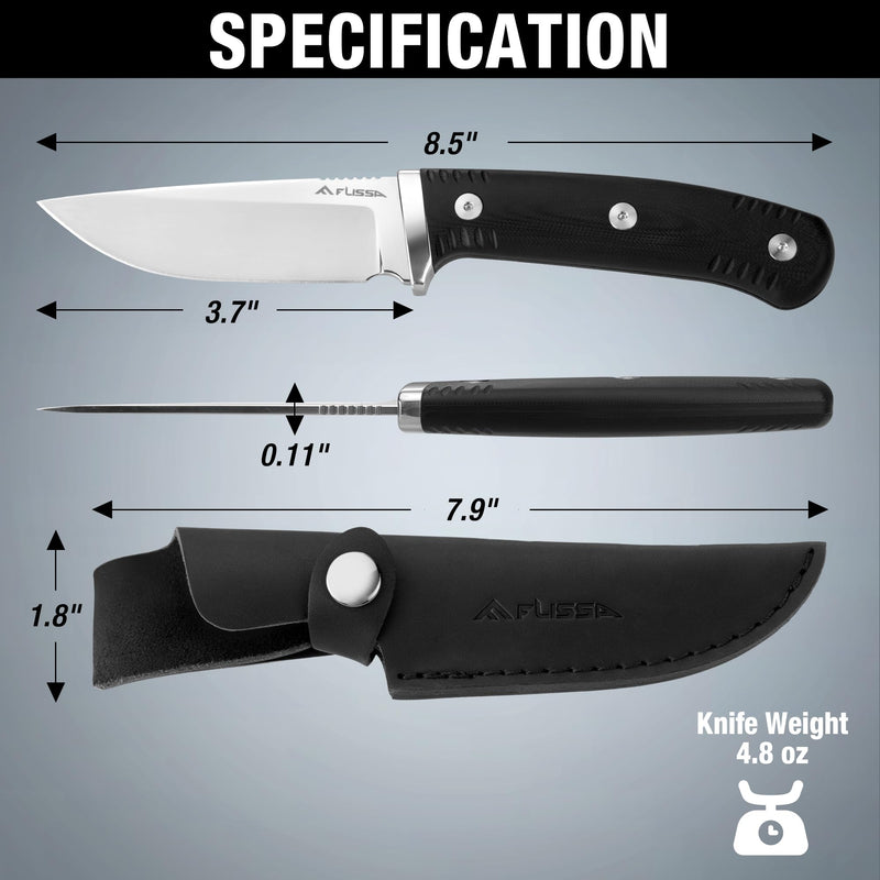 FLISSA Fixed Blade Knife with 3.7" Mirror Polished 14C28N Steel Blade, G10 Handle, Leather Sheath for EDC, Hiking, Camping, Fishing, Survival, for Men Women