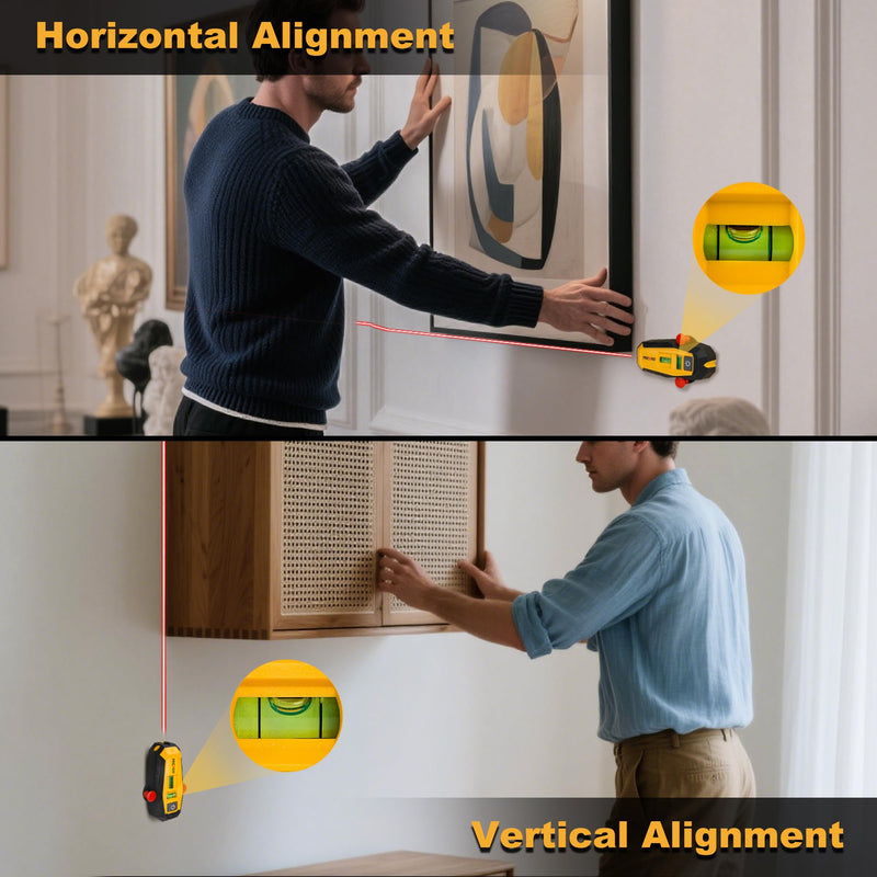 PREXISO 2-in-1 Line Laser Level with Magnetic Stud Finder, Compact Wood & Metal Detector with Bubble Vials for Accurate Markings, Multi Surface Wall Scanners Tool for Hanging Frames & Pictures